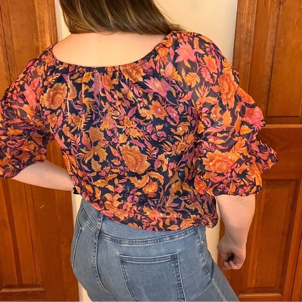 CeCe M Floral Puff Sleeves Bow Blouse Bold Orange Glitter Blue Showgirl Top - Picture 4 of 7